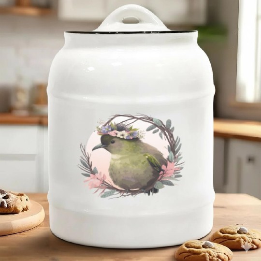 Tropical Kiwi Bird Flower Crown Floral Exotic Bird Ceramic Cookie Jars