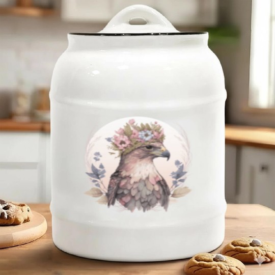 Cute Hawk Bird Of Prey Flower Crown Floral Bird Wa Ceramic Cookie Jars