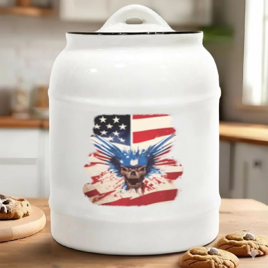 Angry Skull Bursting Through US Flag Ceramic Cookie Jars