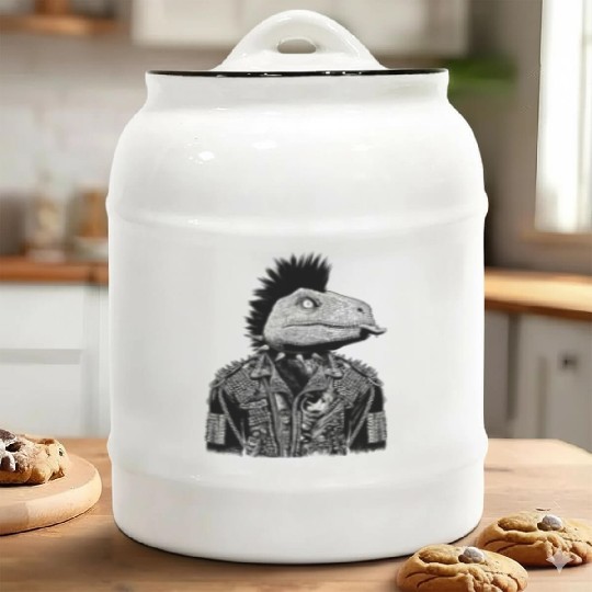 Crested Punk Velociraptor Ceramic Cookie Jars
