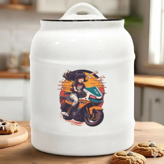 Cool cute girl motorcycle alone on the road Ceramic Cookie Jars