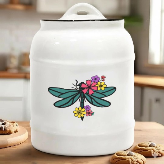 dragonfly with colorful flowers Ceramic Cookie Jars
