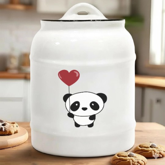 Cute Chibi Panda Valentine Balloon Heart Ceramic Cookie Jars