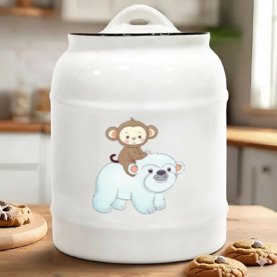 Monkey rides polar bear polar bear Ceramic Cookie Jars
