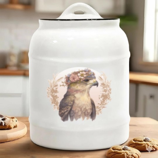 Watercolor Hawk Bird Of Prey Flower Crown Floral B Ceramic Cookie Jars