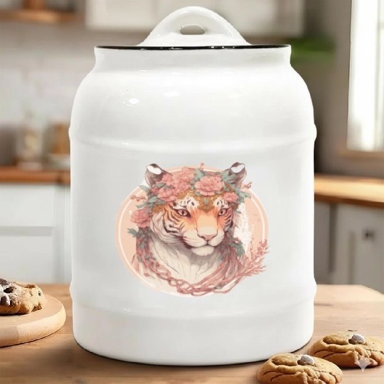 Watercolor Flower Tiger Chinese Zodiac Animal Sign Ceramic Cookie Jars