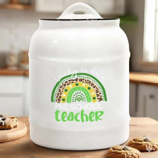 Lucky To Be A Preschool Teacher Rainbow Shamrock I Ceramic Cookie Jars