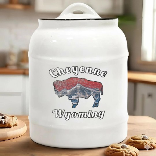 Cheyenne Wyoming With Flag Themed Mountain Scenery Ceramic Cookie Jars