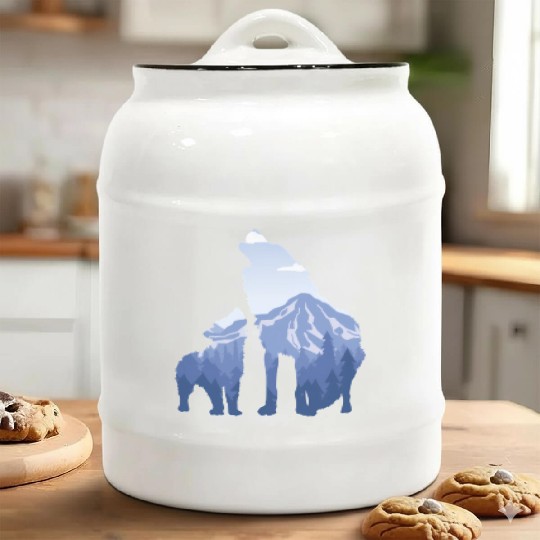 Wolf And Puppy Husky Mountains Nature Hiking Ceramic Cookie Jars