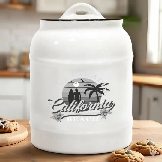 Grey-Scale Surfing Surf Paradise At California Ceramic Cookie Jars
