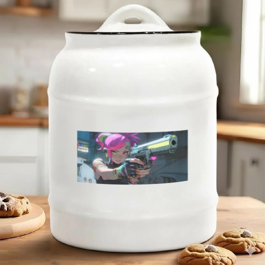 Cyber Sakura: Neon Guardian Ceramic Cookie Jars