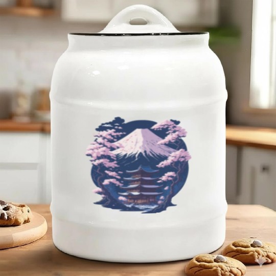 Mount Fuji and a Temple With Cherry Blossoms Ceramic Cookie Jars