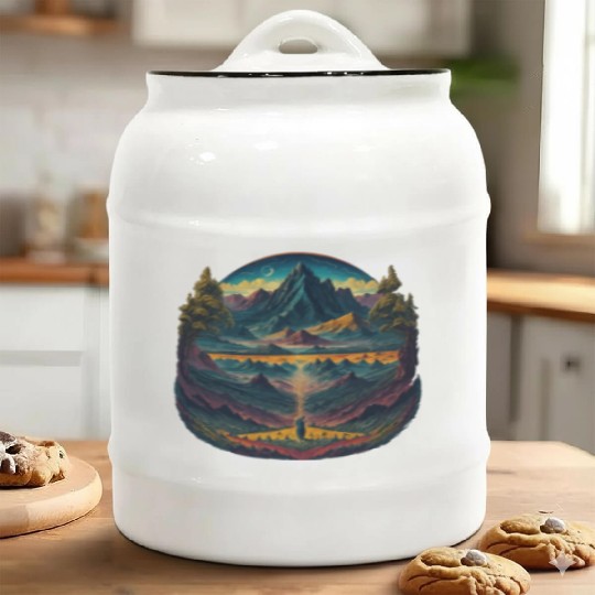 Psychedelic illustration of mountains landscape Ceramic Cookie Jars