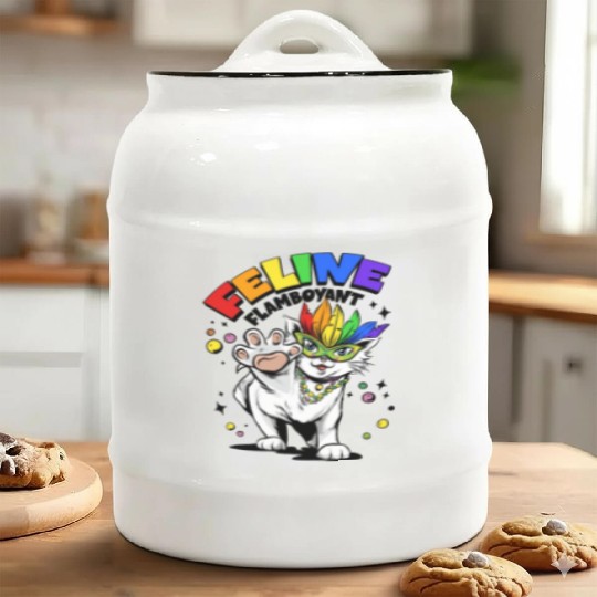 Feline Flamboyant Mardi Gras Bead Rainbow Cat LGBT Ceramic Cookie Jars