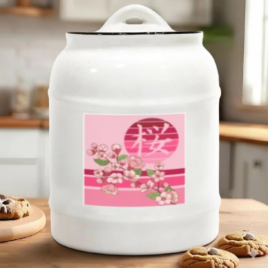 Cherry Blossom Ceramic Cookie Jars, Sakura Flowers Kanji Pocket