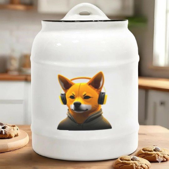 Running Shiba Inu with Headphones, Athletic Dog Ceramic Cookie Jars