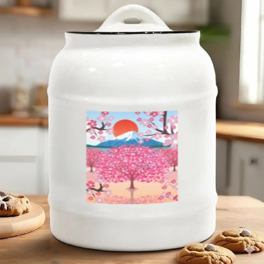 Sunset Sakura Mountains Gift Cherry Blossoms Ceramic Cookie Jars