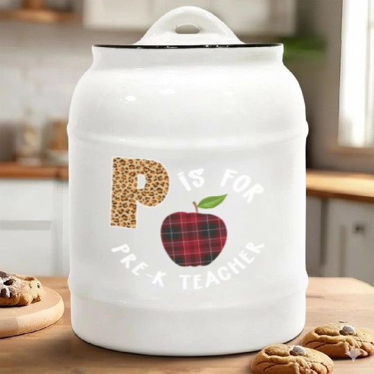P Is For Pre K Teacher Leopard Buffalo Plaid T Ceramic Cookie Jars