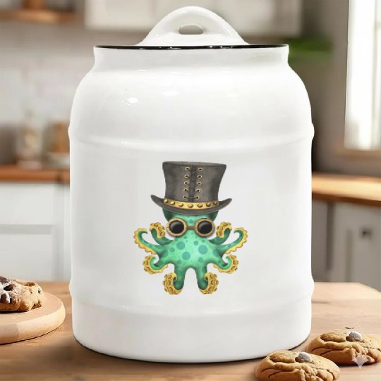 Steampunk Green Octopus Ceramic Cookie Jars