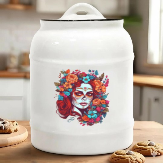 Dia de los muertos woman sugar skull with flowers Ceramic Cookie Jars