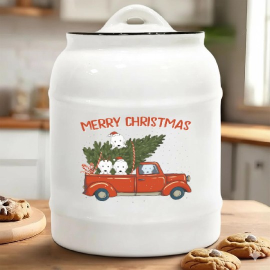 Great Pyrenees Xmas Vintage Red Pickup Ceramic Cookie Jars
