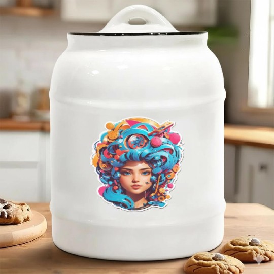 Psychedelic girl with multi color hair. futuristic Ceramic Cookie Jars