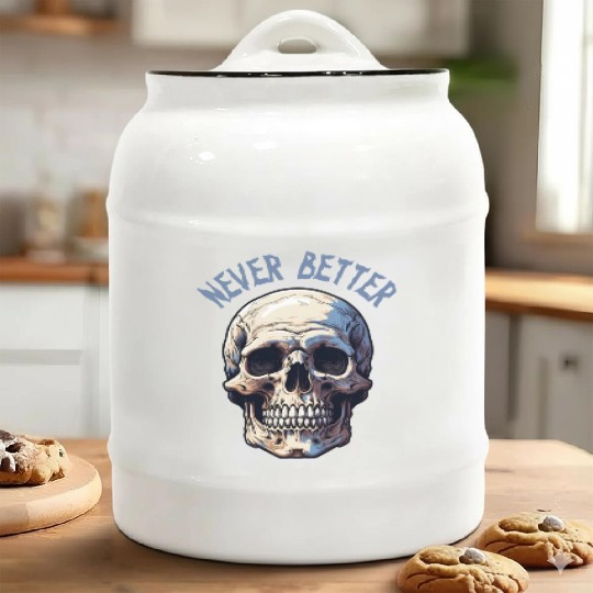 Never Better Skeleton Funny Halloween Skull Ceramic Cookie Jars