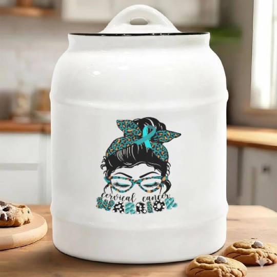 Cervical Cancer Warrior Messy Bun Girl Design Ceramic Cookie Jars