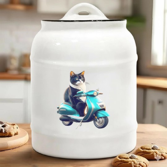 3D cute funny black cat rides a blue motorcycle Ceramic Cookie Jars
