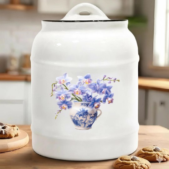 Blue Orchids in a Vase Graphic Ceramic Cookie Jars