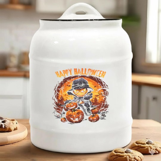 Halloween Pumpkin Riding Motorcycle Rider Ceramic Cookie Jars