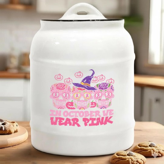 We Wear Pink Sugar Skull Halloween Breast Cancer Ceramic Cookie Jars