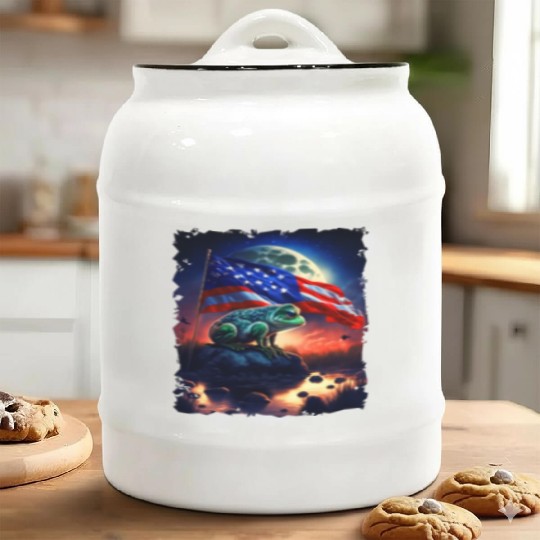 America frog under Moon with American Flag Ceramic Cookie Jars