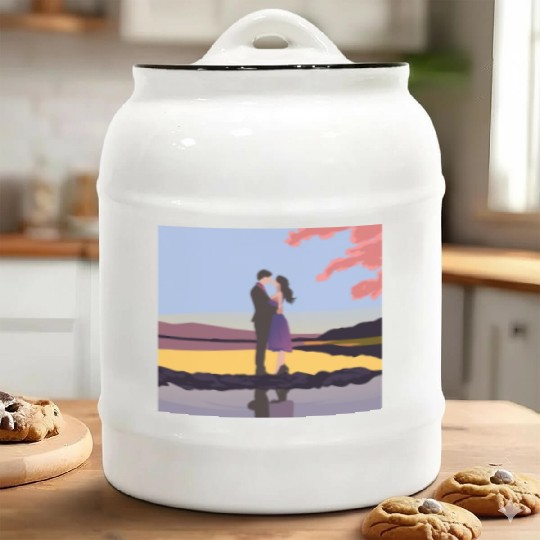Romantic couple dance with sakura flowers Ceramic Cookie Jars