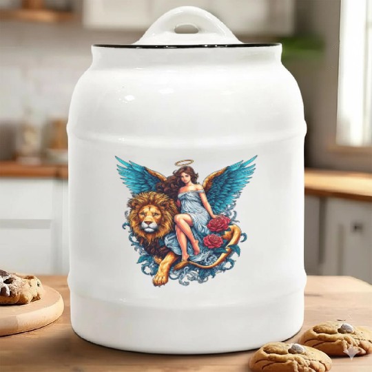 Pretty angel on lion with flowers Ceramic Cookie Jars