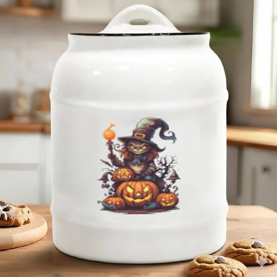 Enchanted Harvest: Witch's Delight amidst Pumpkins Ceramic Cookie Jars