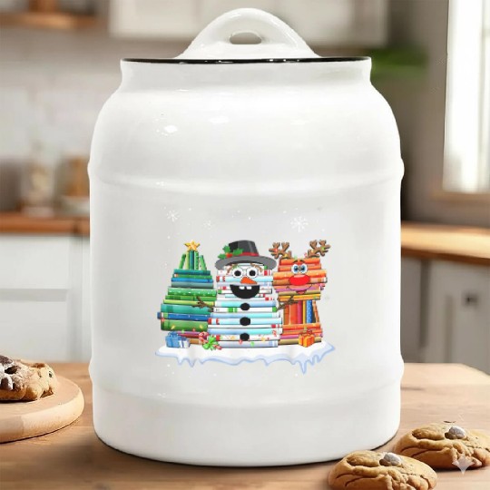 Christmas Tree Snowman Reindeer Book Stack Ceramic Cookie Jars