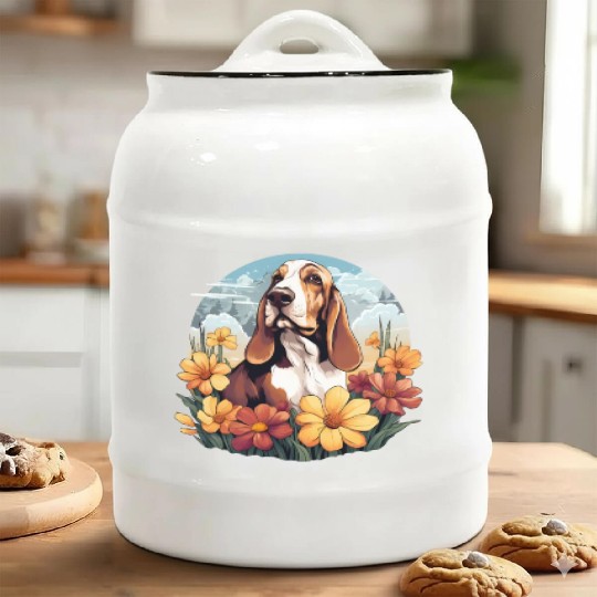 Basset Hound Mountain Flower Cute Colorful Puppy Ceramic Cookie Jars