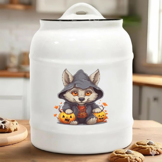 Cute Little Halloween Wolf With Pumpkin Lanterns Ceramic Cookie Jars