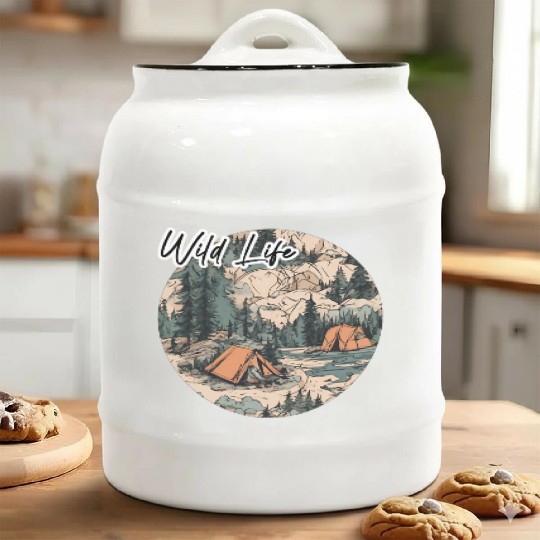 Wild Life / Forest / Camping / Tent / Tree / River Ceramic Cookie Jars