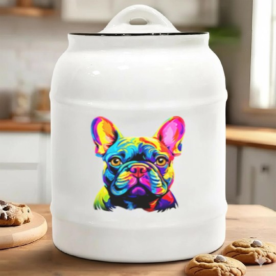 Energetic French Bulldog Portrait in Striking Colo Ceramic Cookie Jars
