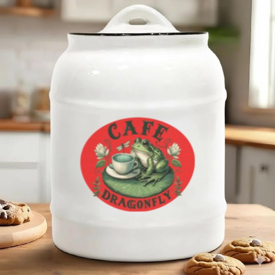 Cafe Dragonfly: Whimsical Serene Frog on Lily Pad Ceramic Cookie Jars