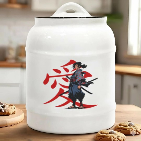 Samurai and sword and text red color Ceramic Cookie Jars