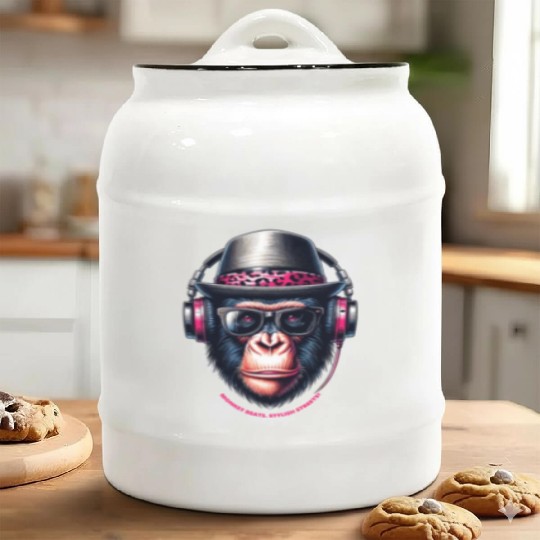 Cartoon Monkey With Headphones, Glasses And Hat Ceramic Cookie Jars