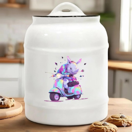 Rhino Riding Scooter Funny Rhinoceros Biker Moped Ceramic Cookie Jars
