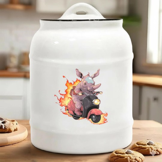 Rhino Riding Scooter Funny Rhinoceros Biker Moped Ceramic Cookie Jars