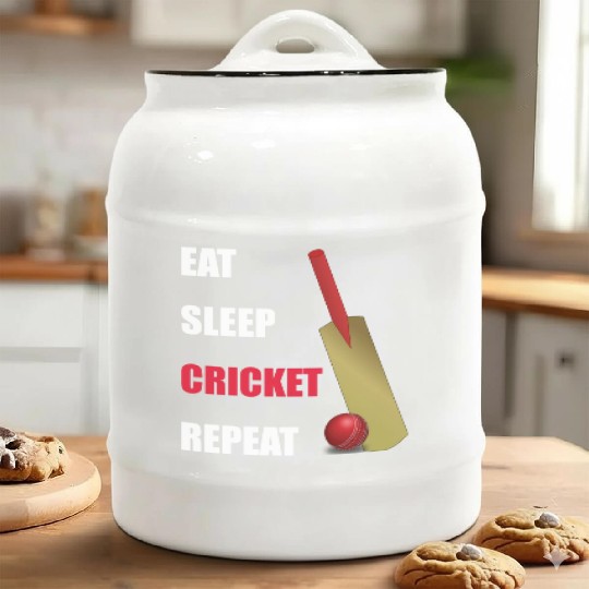 Eat Sleep Cricket Repeat Red and White Text Ceramic Cookie Jars