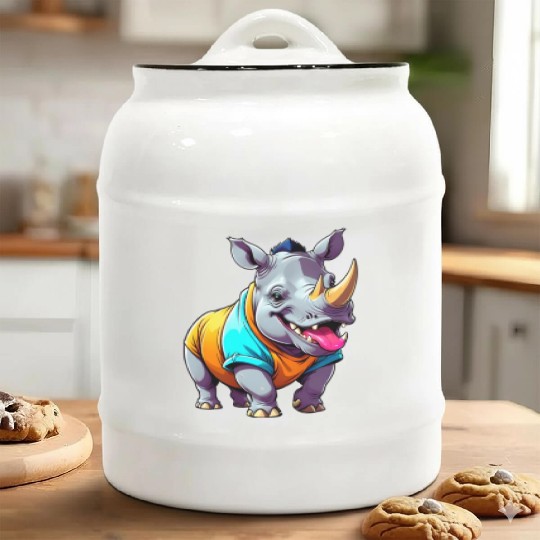 A Cartoonish Rhinoceros in a Playful Pose Ceramic Cookie Jars