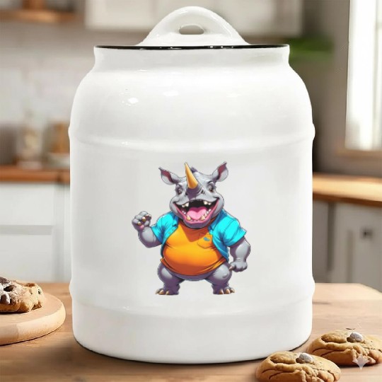 A Cartoonish Rhinoceros in a Playful Pose Ceramic Cookie Jars