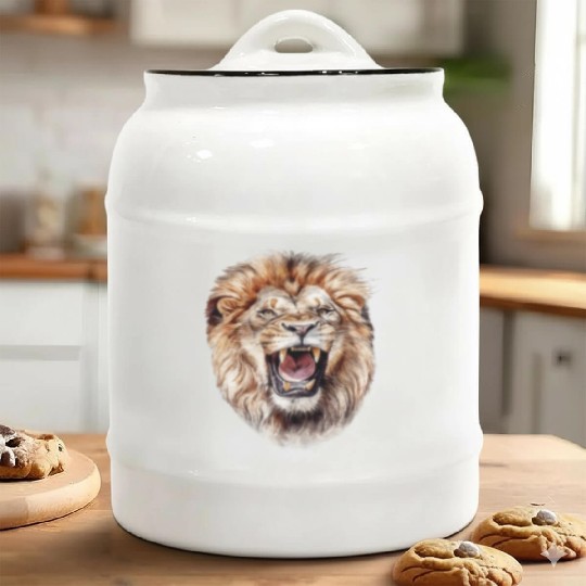 Watercolor Painting Portrait of a Roaring Lion Ceramic Cookie Jars